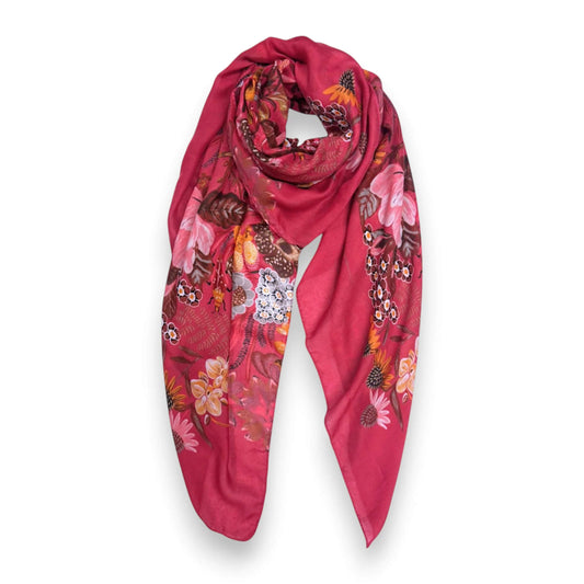 Hot Pink Garden Print Cotton Blend Square Scarf | The Jewellery Stop