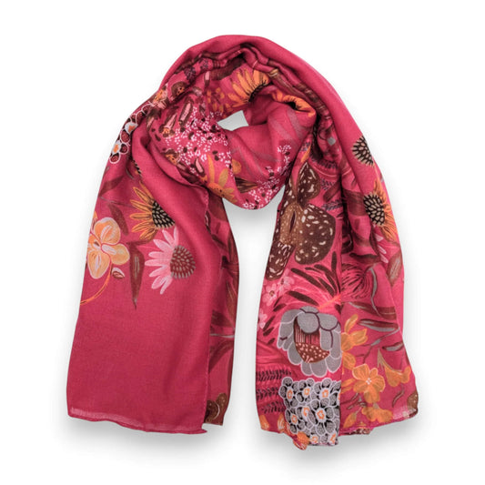 Hot Pink Garden Print Cotton Blend Square Scarf | The Jewellery Stop