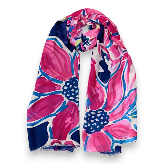 Navy Bright Flower Cotton Print Scarf