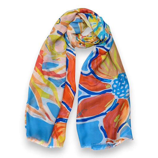 Blue Bright Flower Cotton Print Scarf