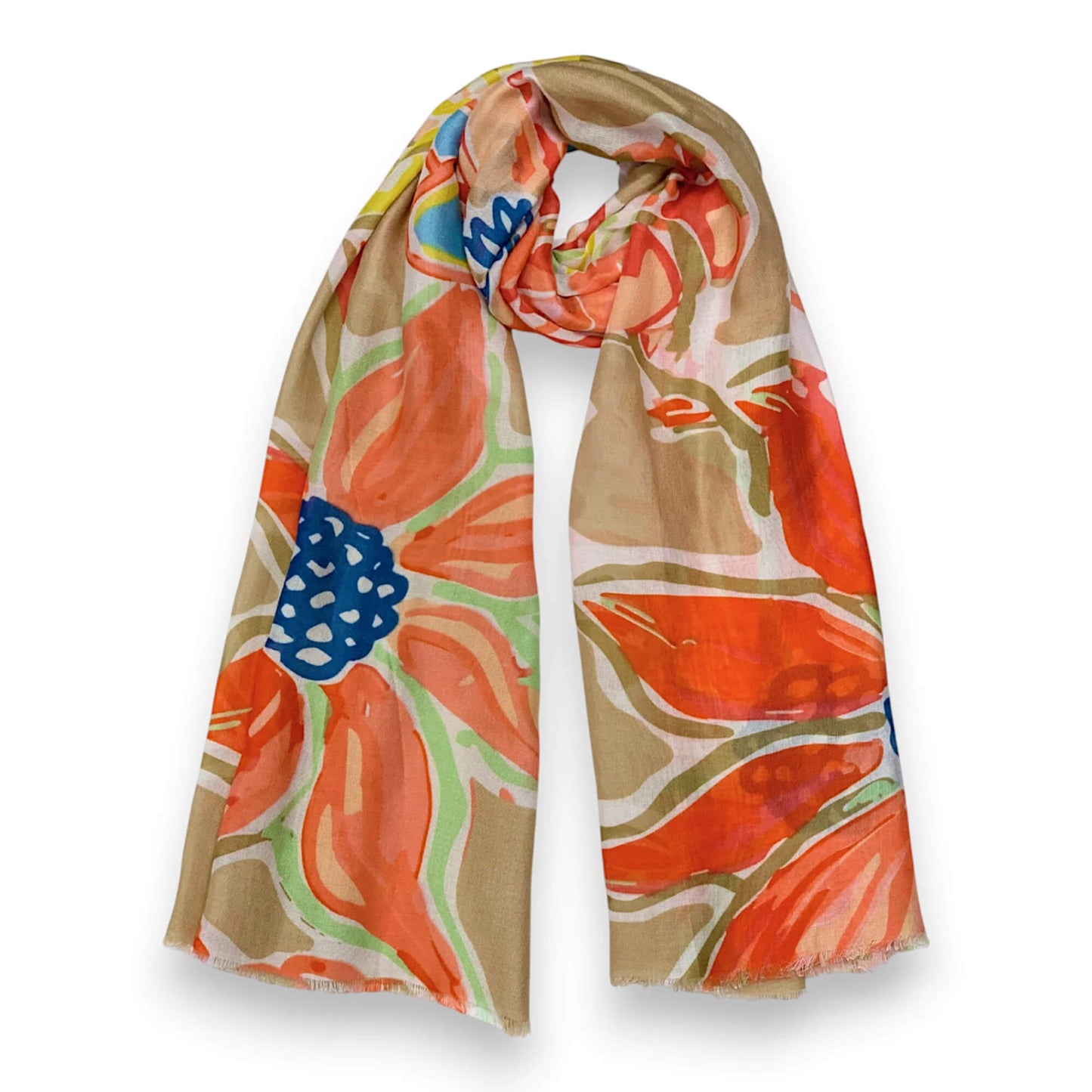 Beige Bright Flower Cotton Print Scarf | The Jewellery Stop