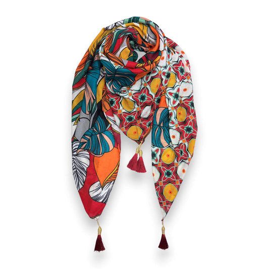 Terracotta Leaves Print Tassel Square Scarf