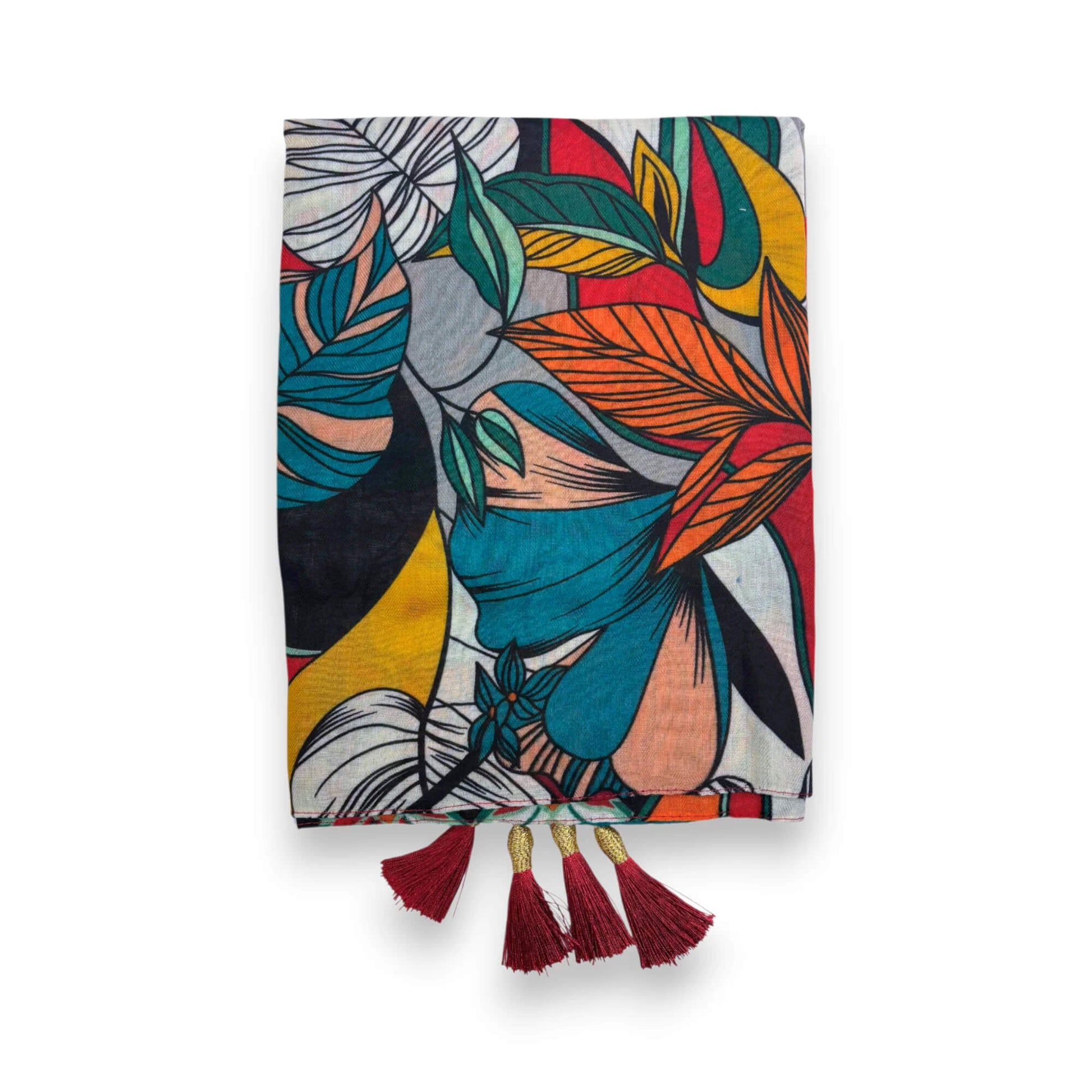 Terracotta Leaves Print Tassel Square Scarf | The Jewellery Stop