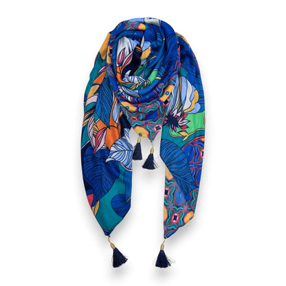 Royal Blue Leaves Print Tassel Square Scarf | The Jewellery Stop