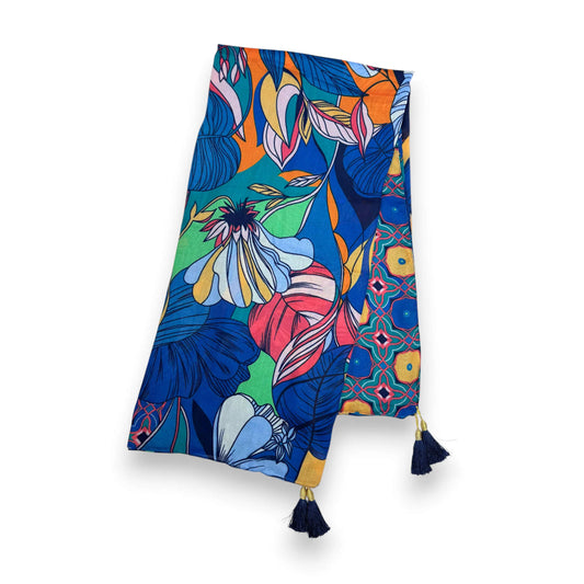 Royal Blue Leaves Print Tassel Square Scarf