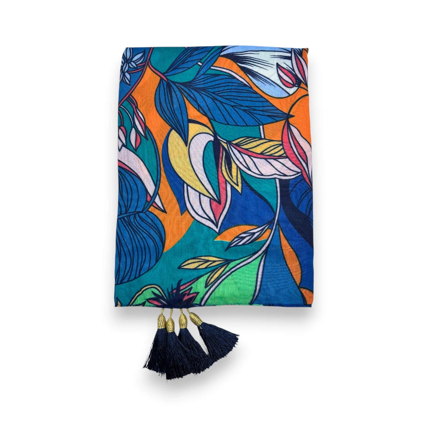 Royal Blue Leaves Print Tassel Square Scarf | The Jewellery Stop