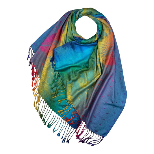 Aqua Blue Rainbow Feather Print Pashmina Scarf