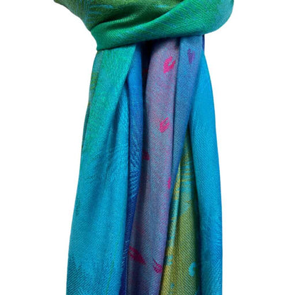 Aqua Blue Rainbow Feather Print Pashmina Scarf