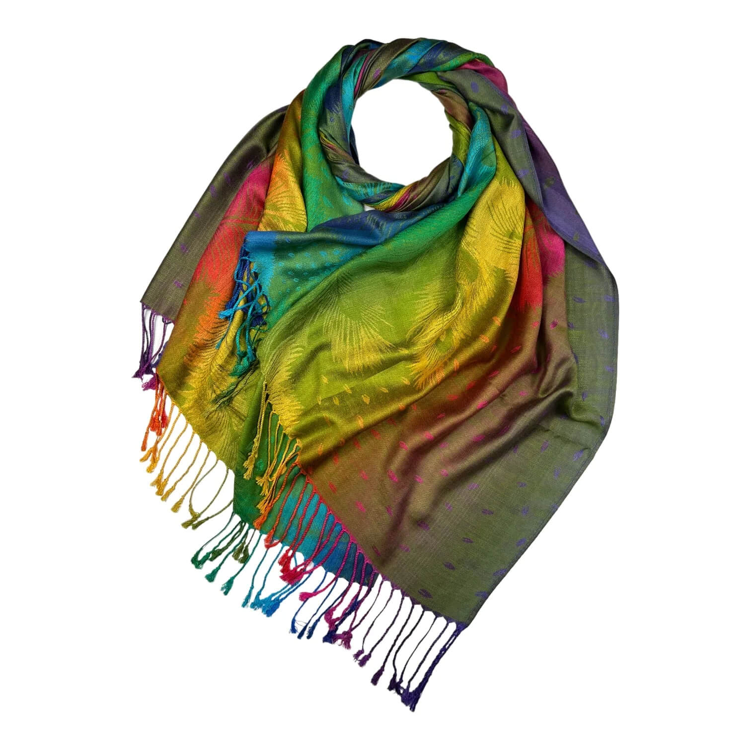 Green Rainbow Feather Print Pashmina Scarf