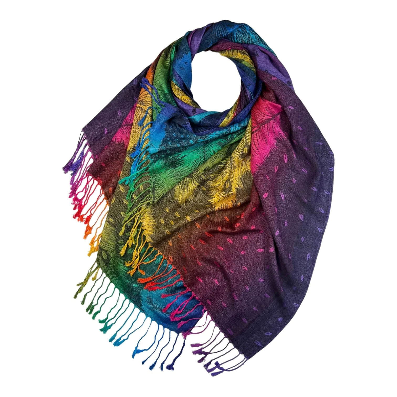 Black Rainbow Feather Print Pashmina Scarf