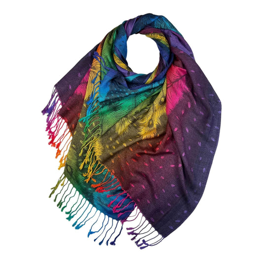 Black Rainbow Feather Print Pashmina Scarf