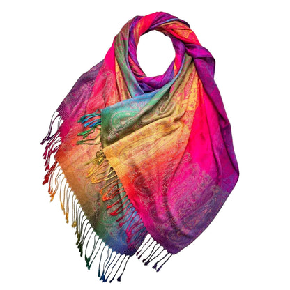 Hot Pink Rainbow Paisley Print Pashmina Scarf