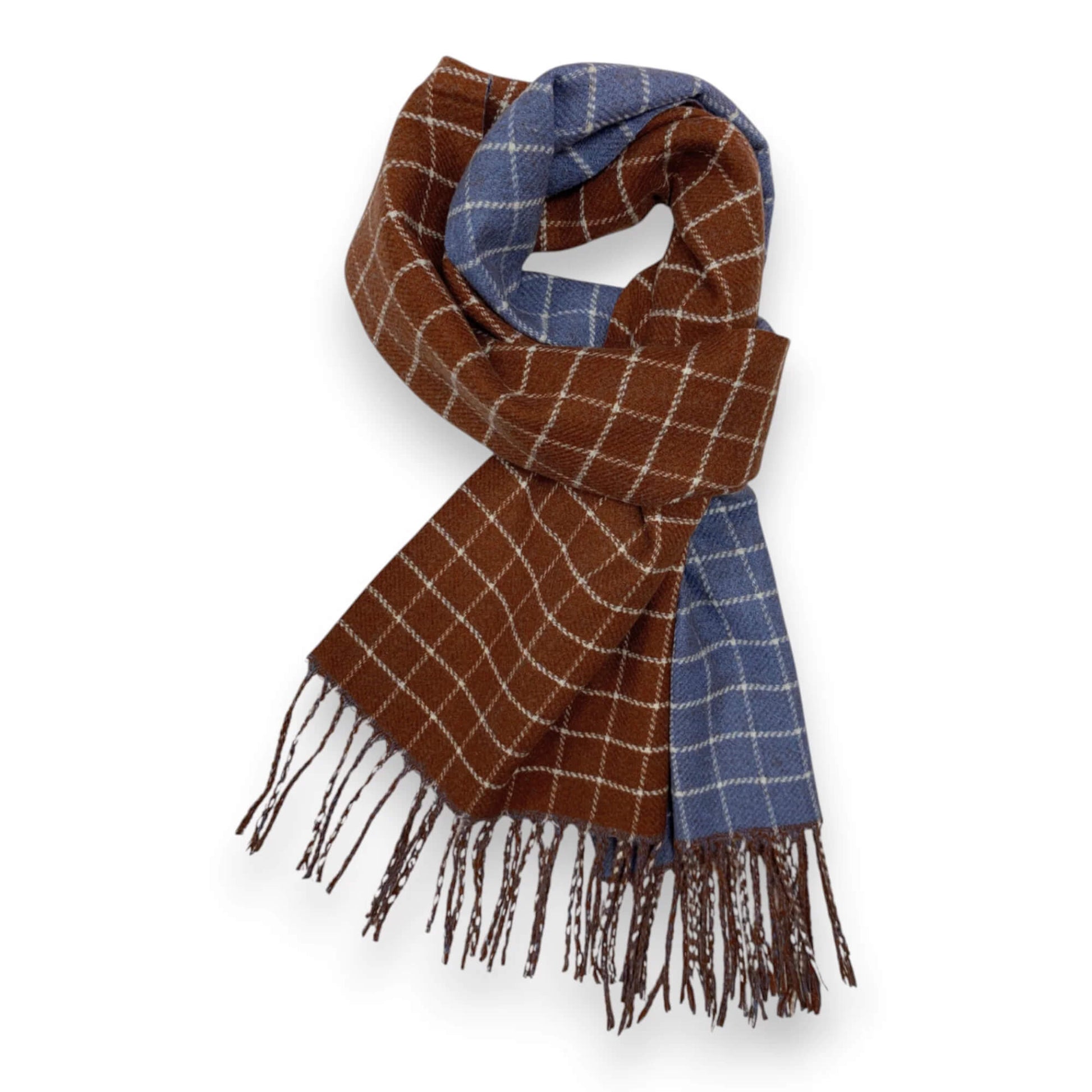 Brown Blue Colorblock Check Print Cashmere Blend Winter Scarf