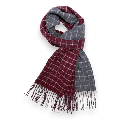 Burgundy Grey Colorblock Check Print Cashmere Blend Winter Scarf