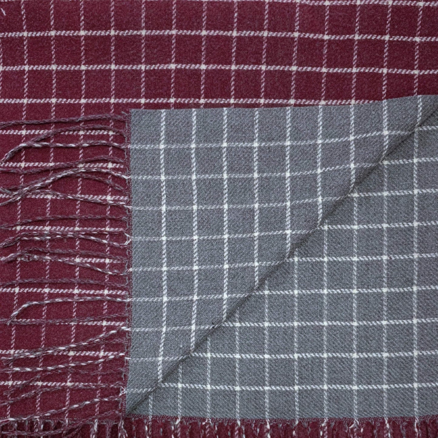 Burgundy Grey Colorblock Check Print Cashmere Blend Winter Scarf