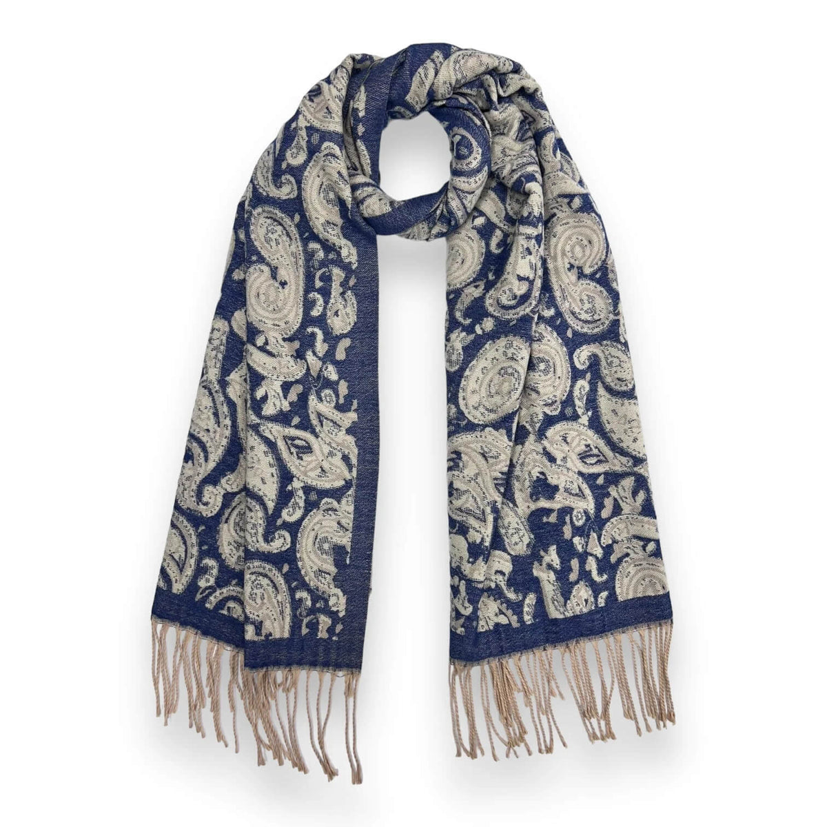 Navy Elegant Paisley Wool Blend Winter Scarf