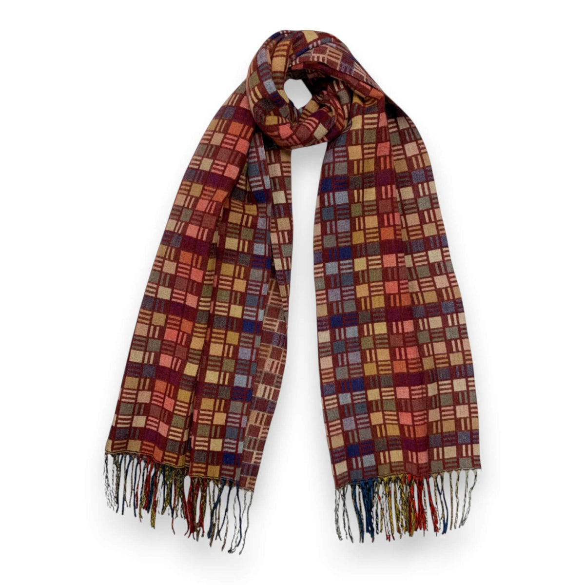 Burgundy Cube Print Cashmere Blend Winter Scarf