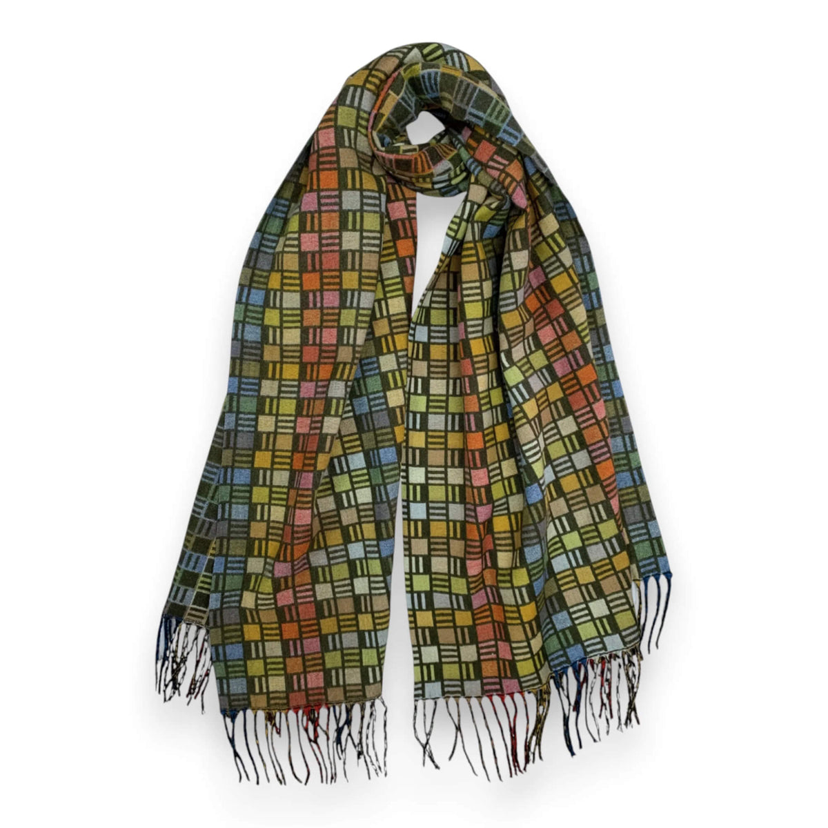 Khaki Cube Print Cashmere Blend Winter Scarf