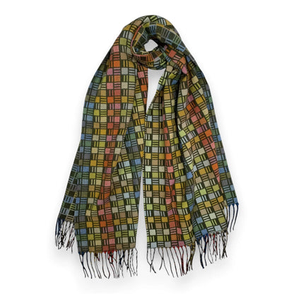 Khaki Cube Print Cashmere Blend Winter Scarf