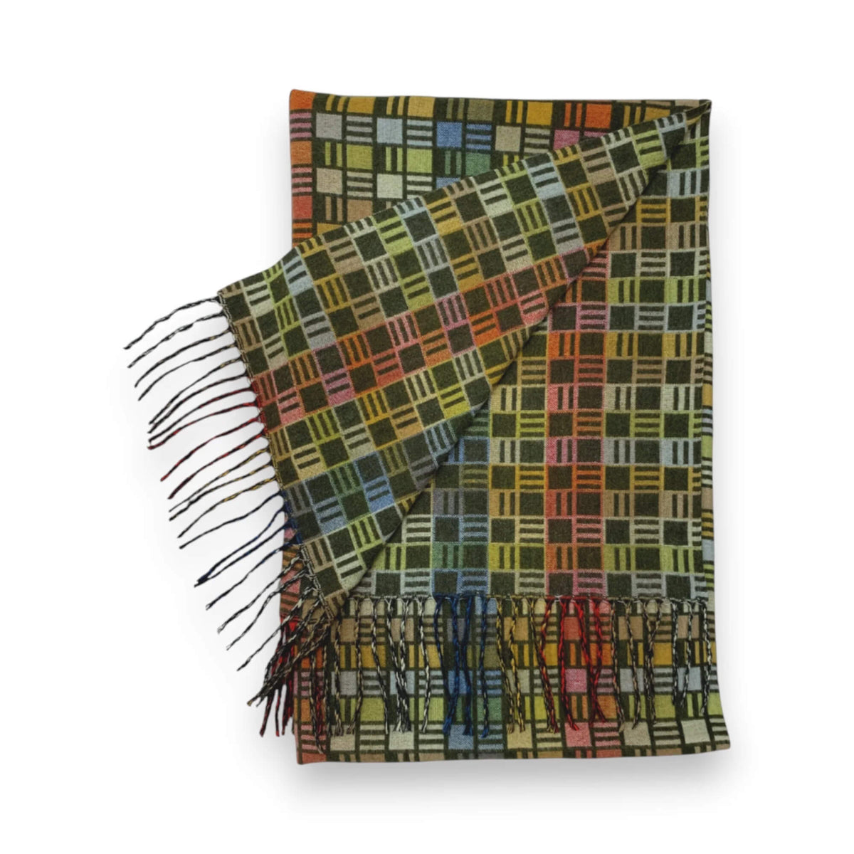 Khaki Cube Print Cashmere Blend Winter Scarf