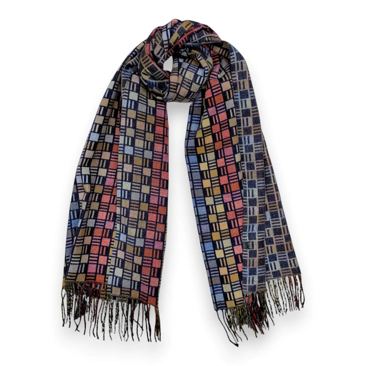 Navy Cube Print Cashmere Blend Winter Scarf