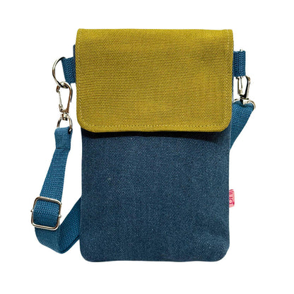 Denim Blue And Olive Canvas Cross Body Phone Pouch | The Jewellery Stop