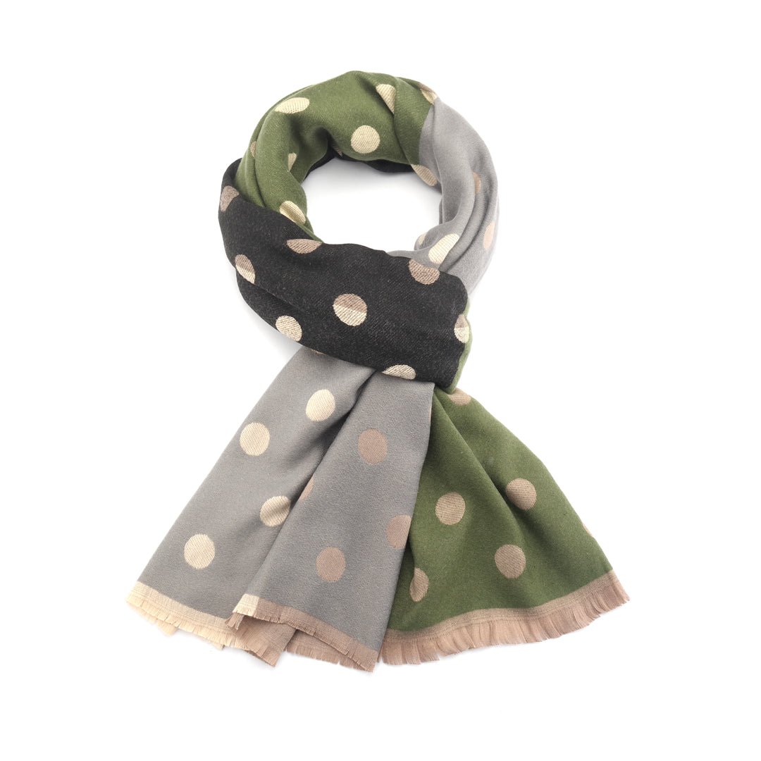 Olive, Grey And Black Spotty Scarf | The Jewellery Stop