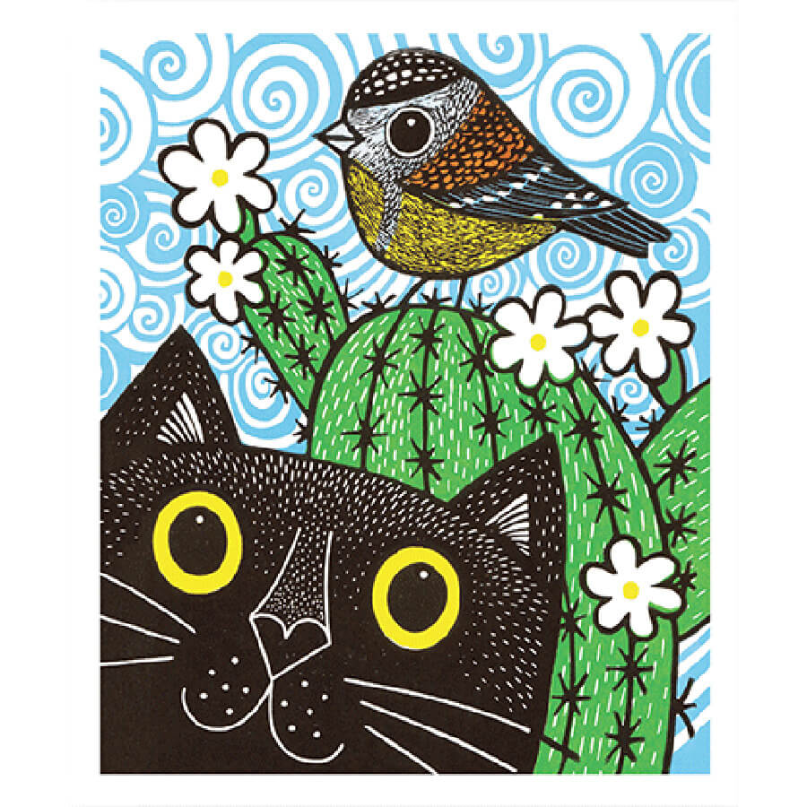 Cactus With Cat And Bird Greeting Card