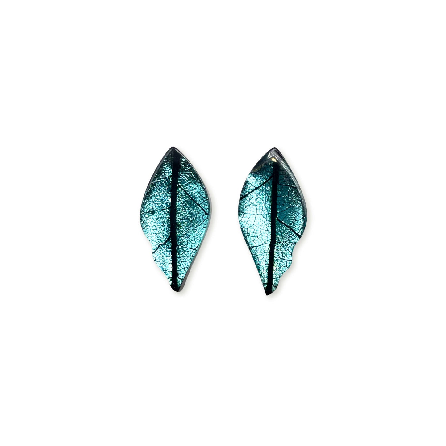 Aqua Skeletal Leaf Shiny Stud Earrings