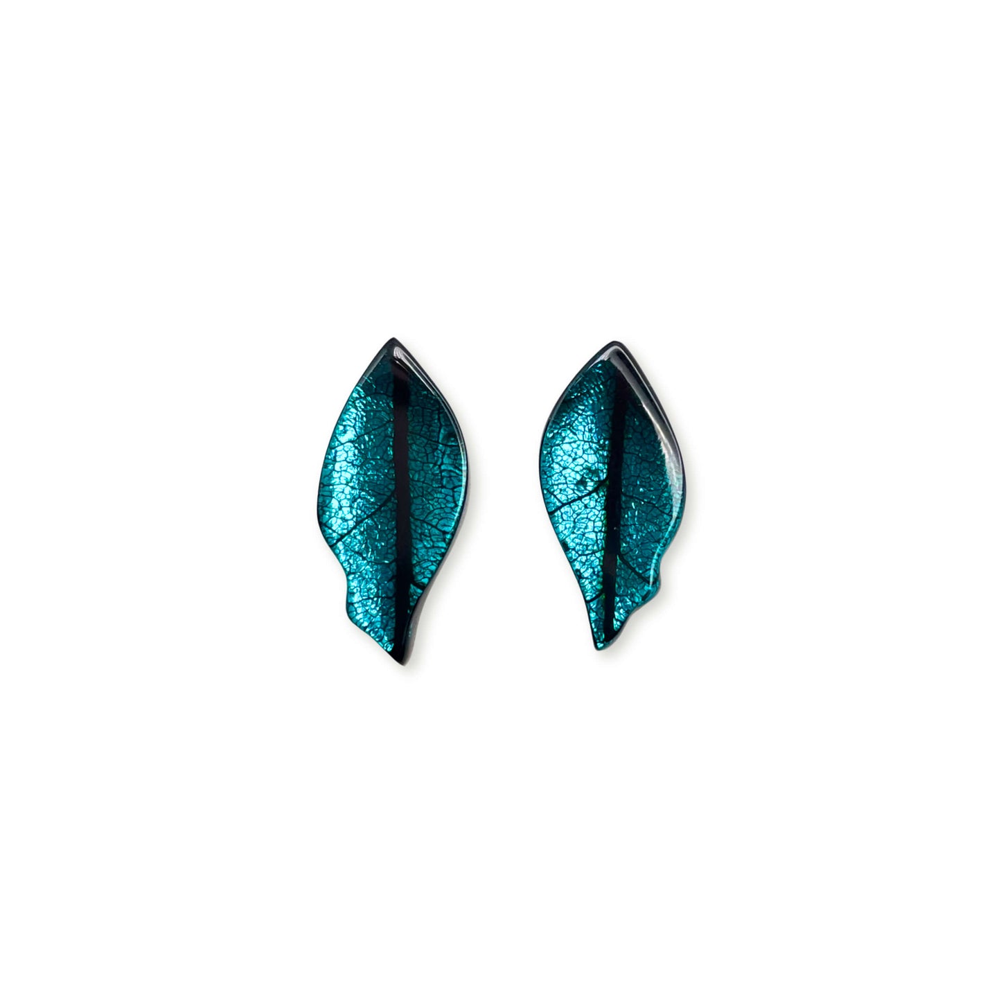 Verdigris Skeletal Leaf Shiny Stud Earrings