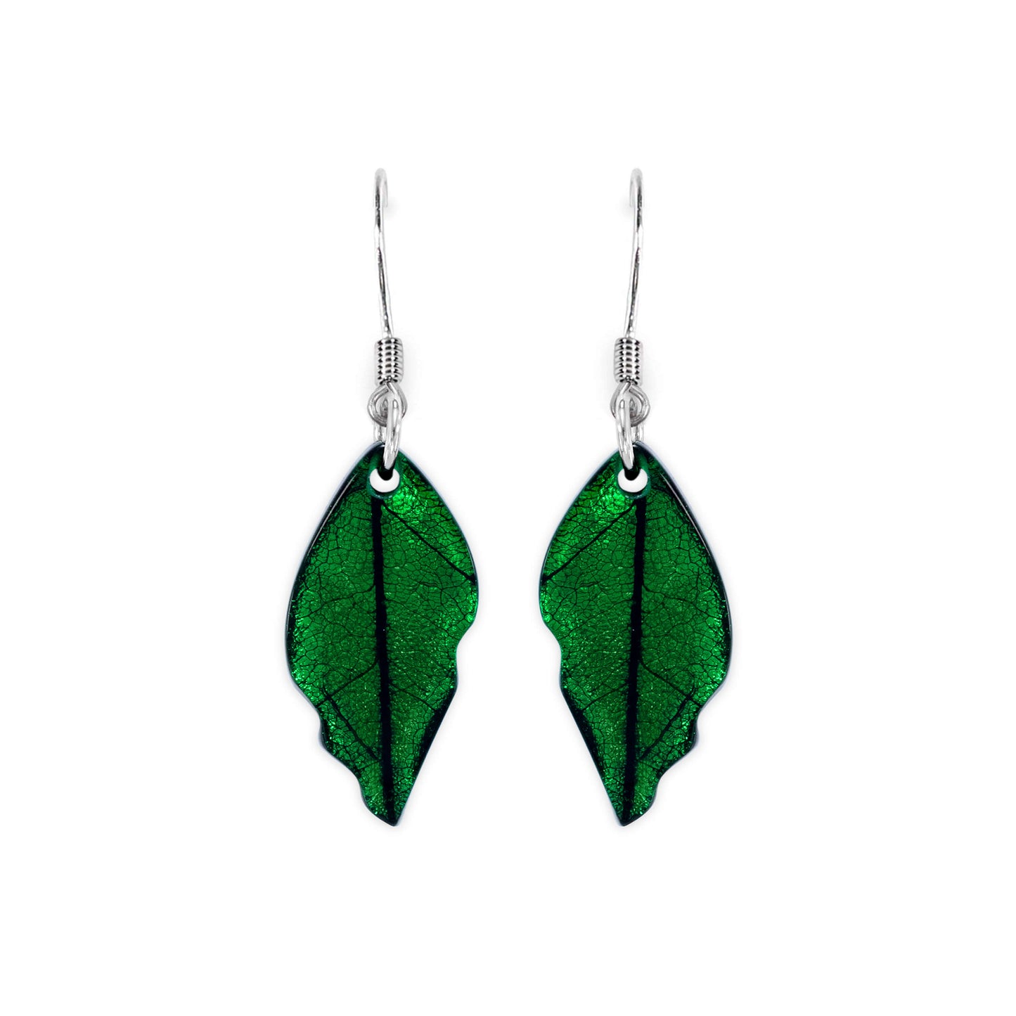 Emerald Skeletal Leaf Shiny Fish Hook Earrings
