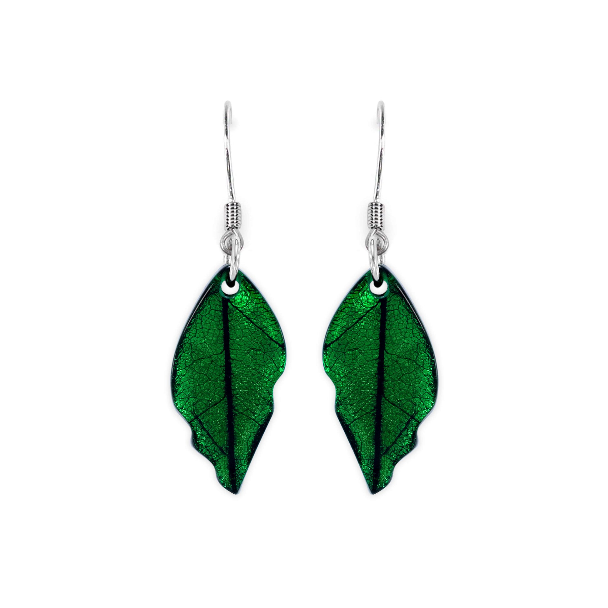 Emerald Skeletal Leaf Shiny Fish Hook Earrings