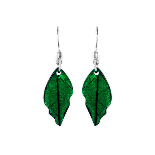 Emerald Skeletal Leaf Shiny Fish Hook Earrings