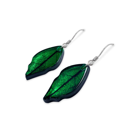 Emerald Skeletal Leaf Shiny Fish Hook Earrings