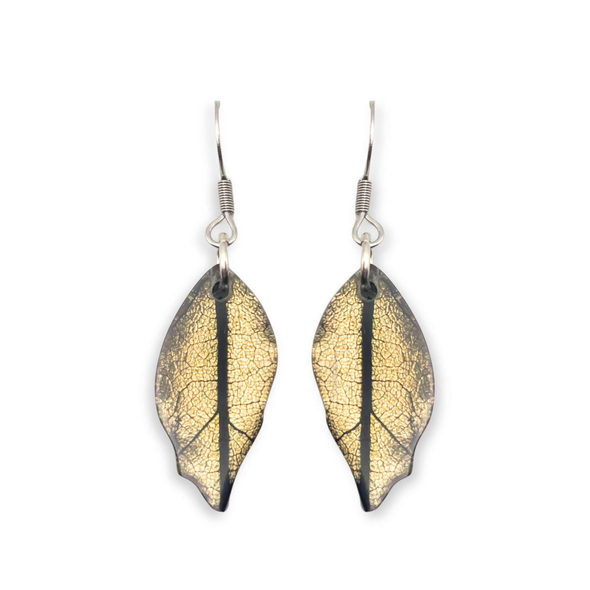Gold Skeletal Leaf Shiny Fish Hook Earrings