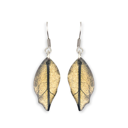 Gold Skeletal Leaf Shiny Fish Hook Earrings