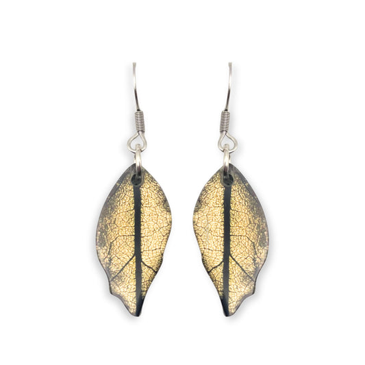 Gold Skeletal Leaf Shiny Fish Hook Earrings