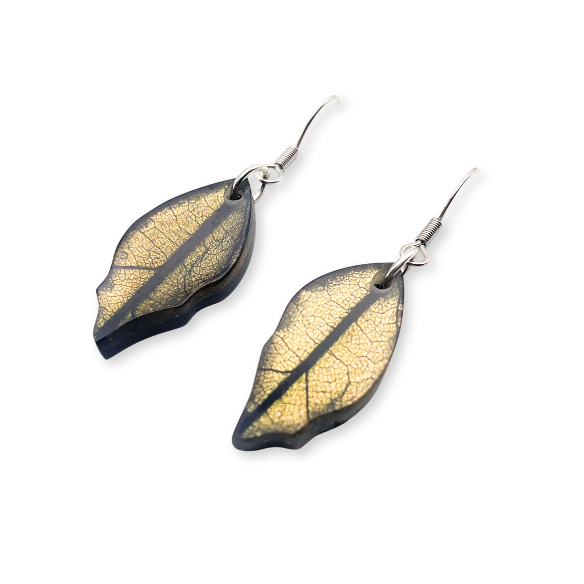 Gold Skeletal Leaf Shiny Fish Hook Earrings