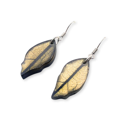 Gold Skeletal Leaf Shiny Fish Hook Earrings