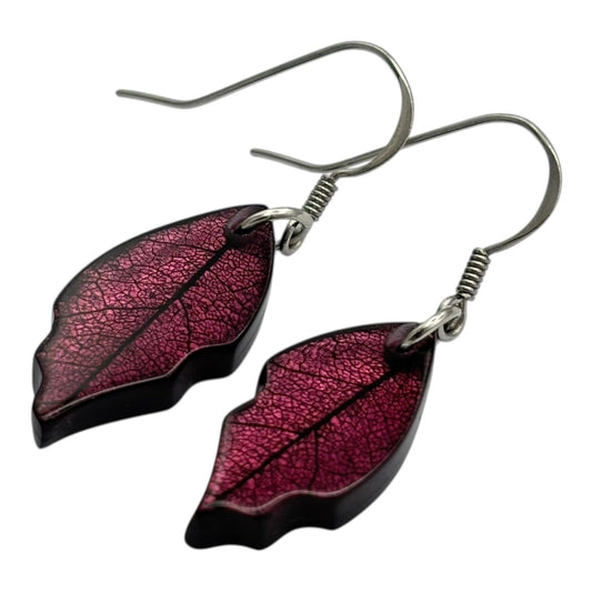 Peony Skeletal Leaf Shiny Fish Hook Earrings | The Jewellery Stop