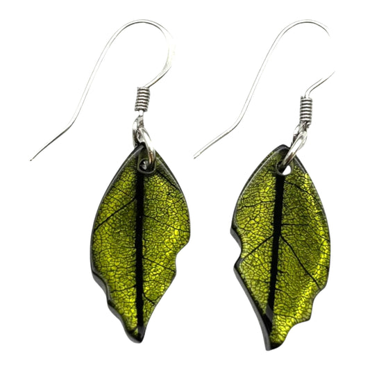 Pistachio Skeletal Leaf Shiny Fish Hook Earrings