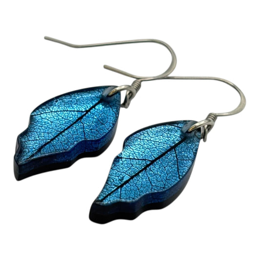 Sky Skeletal Leaf Shiny Fish Hook Earrings | The Jewellery Stop