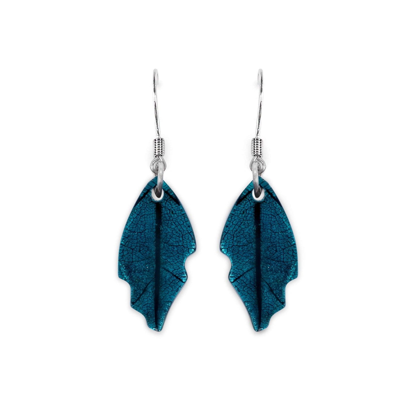 Verdigris Skeletal Leaf Shiny Fish Hook Earrings | The Jewellery Stop