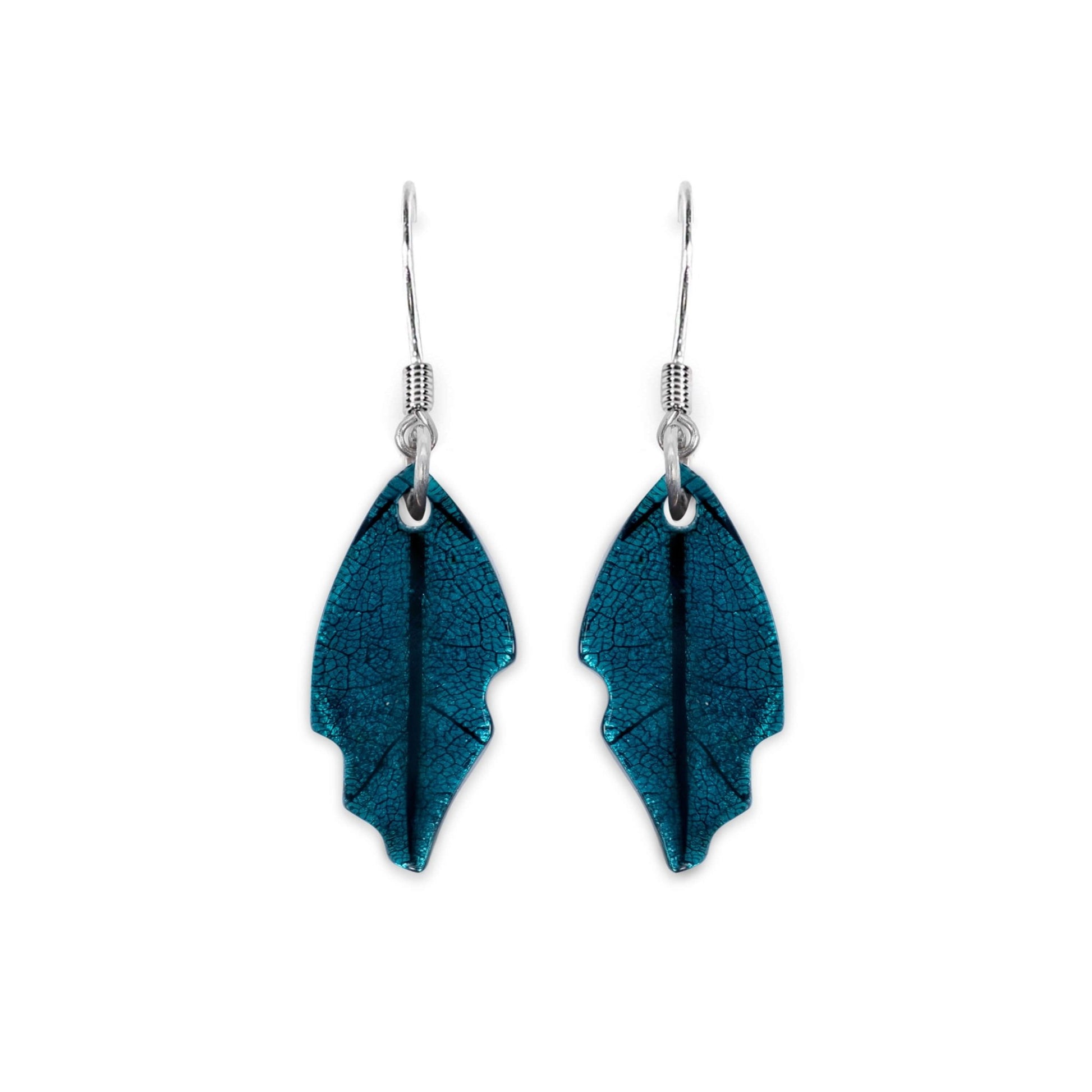 Verdigris Skeletal Leaf Shiny Fish Hook Earrings | The Jewellery Stop