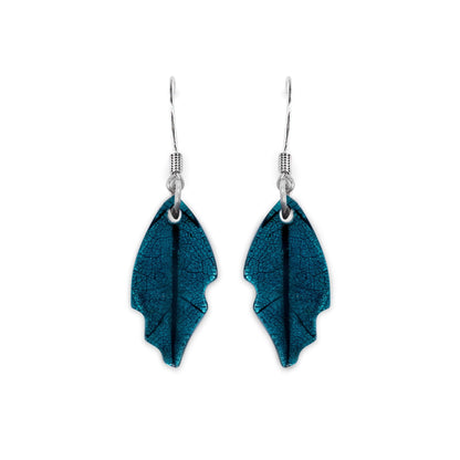 Verdigris Skeletal Leaf Shiny Fish Hook Earrings | The Jewellery Stop