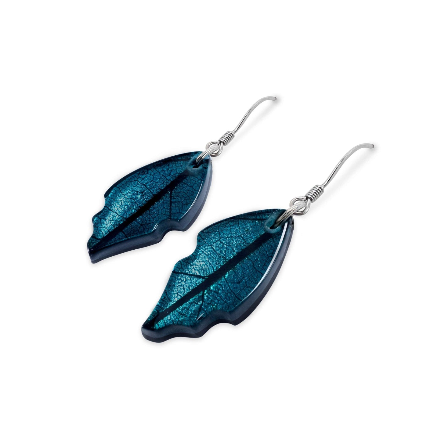 Verdigris Skeletal Leaf Shiny Fish Hook Earrings | The Jewellery Stop