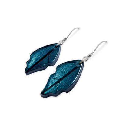 Verdigris Skeletal Leaf Shiny Fish Hook Earrings | The Jewellery Stop