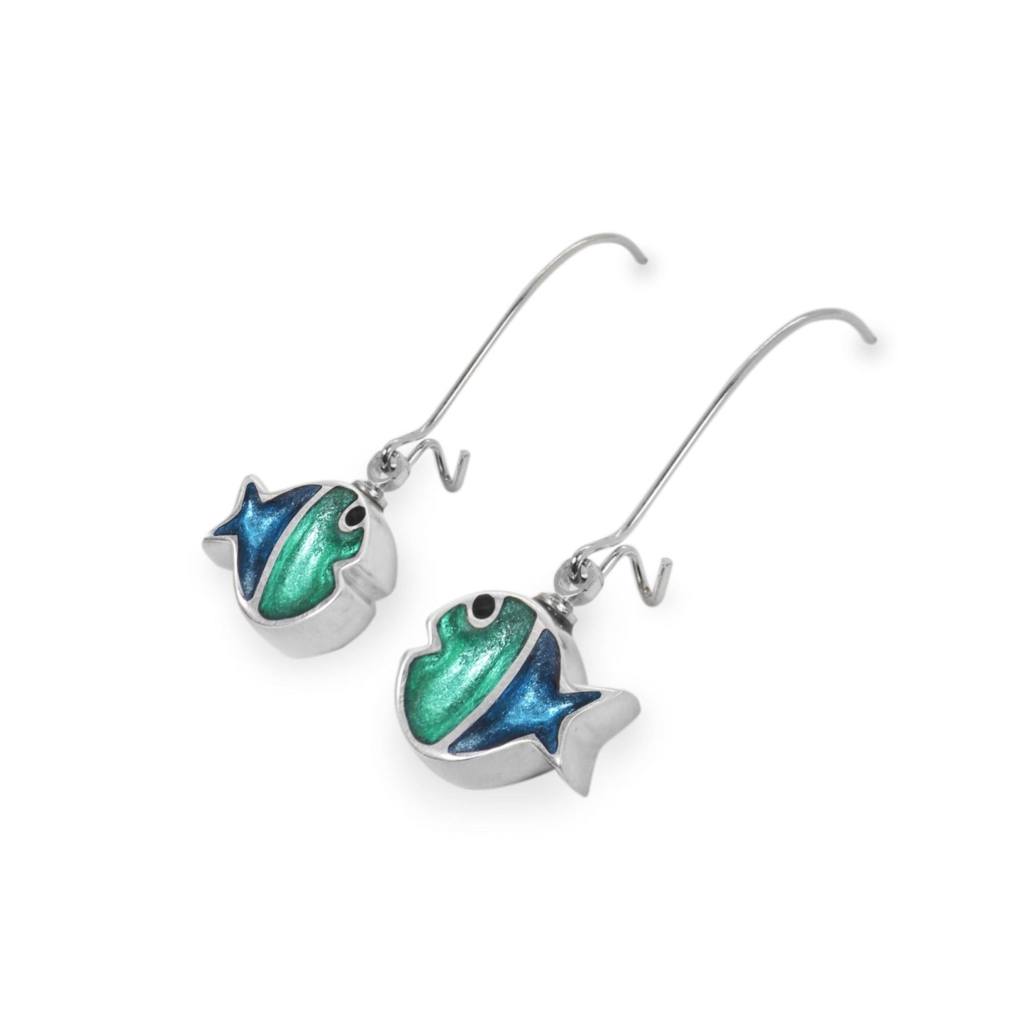 Verdigris Bubble Fish Stripe Shiny Long Hook Earrings | The Jewellery Stop