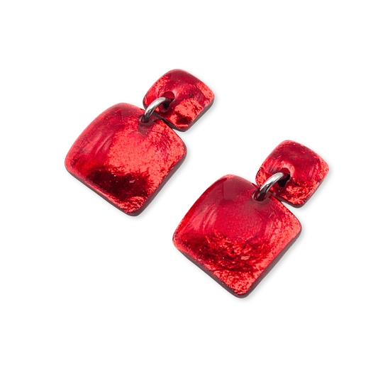 Red Antique Square Shiny Dangle Stud Earrings