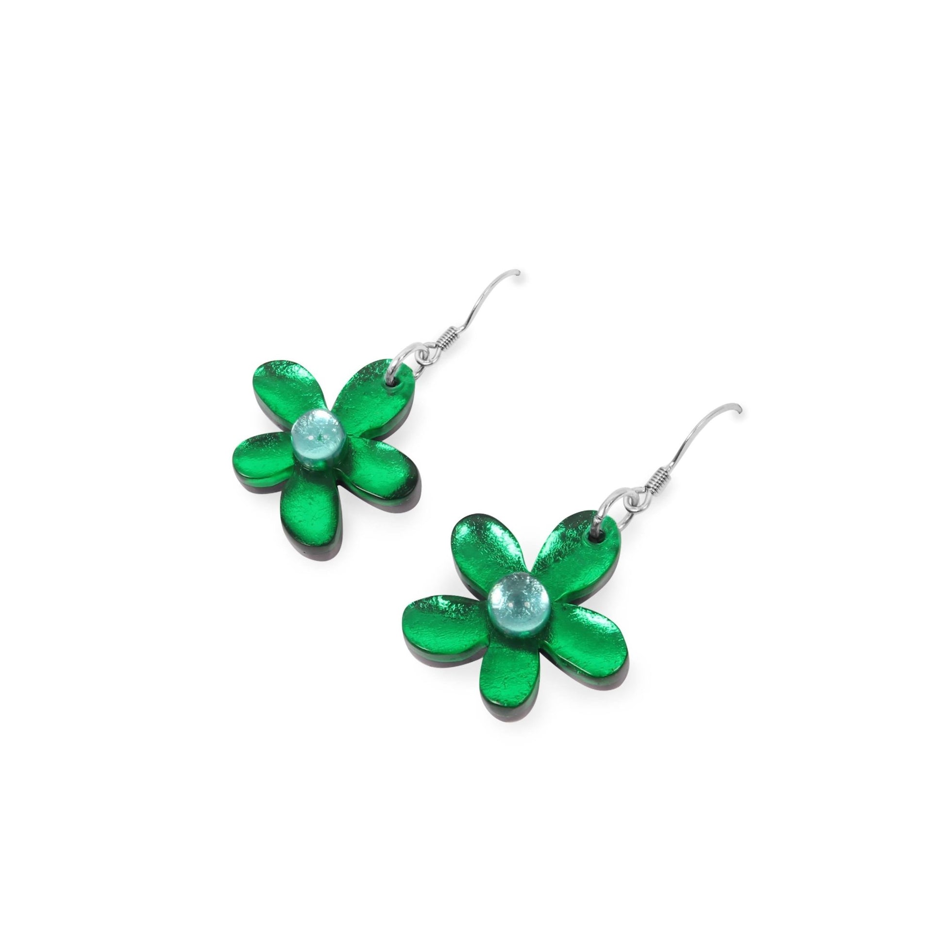 Emerald Flower Shiny Fish Hook Earrings | The Jewellery Stop